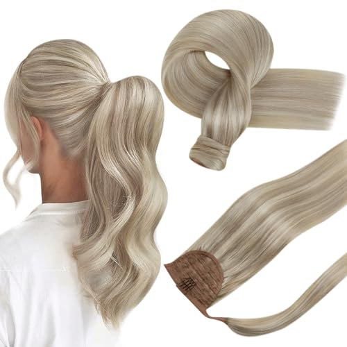 Hetto Ponytail Hair Extensions Human Hair Blonde Ponytail Human Hair Extensions Straight Real Hair Ponytail Extension 14 Inch 70g #18/613 Ash Blonde Highlight Platinum Blonde