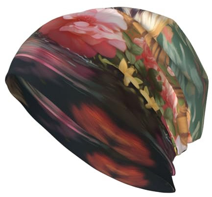 ATOurDealss Ti-ger und Blumendruck-Strickmütze, weich und bequem, modische Mütze für Erwachsene, für Outdoor-Aktivitäten, Reisen, Schwarz, Einheitsgröße, mehrfarbig, Einheitsgröße