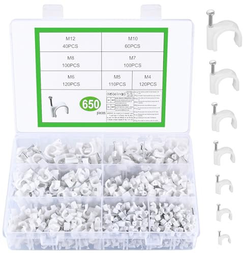 650 Pcs White Cable Clips White Electrical Cable Wall Clips, Wire Tacks for Cables, Wire Tidy ClipsCord Nail Clipsfor Ethernet Telephone Line TV USB Cables Management(4/5/6/7/8/10/12 mm)
