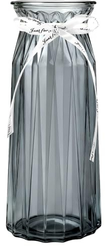 DARENYI Transparente Hohe Glas Vase, Gerippt, Modern Blumenvase Glas, Dekorative Kristall Vasen für Pampasgras, Tulpen, Rosen, Trockenblumen, Hochzeiten, Büro oder Heimdekoration (24x10 cm, Grau)