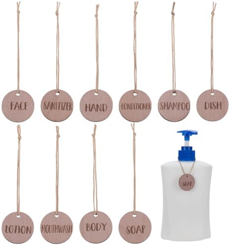 FINGERINSPIRE 10 Stück Holz Badezimmeretiketten Für Flaschen Kamel Rund Flaschendekor Tags Mit Polyesterkordel Holz Badezimmeretikett für Seife Lotion Shampoo Conditioner Körper Gesicht Mundwasser