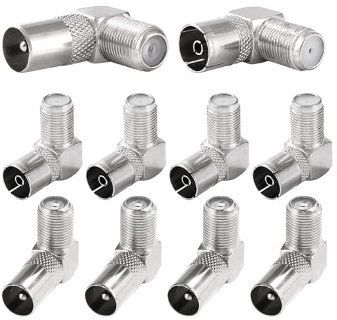 KUOQIY 10 Stücke 90 Grad F-Buchse auf RF Stecker/Buchse Koaxial Adapter, 9.5 TV Weiblich auf F-Typ Schraub Anschluss Männlich/Weiblich Rechtwinkliger Konverter, Vernickelt