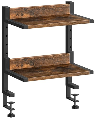 HOOBRO Clamp On Desk Shelf, 2-Tier Desktop Organizer, Space-Saving Desk Hutch with Adjustable Shelves, for Office, Study, Entertainment Accessories, Rustic Brown and Black EBF32SJ01