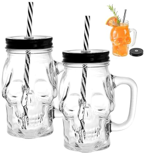 Halloween Glass Cups, 16oz Skull Mason Jar Cups with Straw & Lid 2Pcs Halloween Glasses Drinking with Handle for Whiskey, Wine, Beverages.