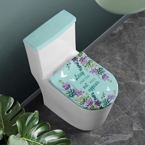 Lunette de Toilette Plantes Violettes Vertes Ensemble de Housses pour WC avec Fond élastique et Housse Anti Poussière Couvercle de Réservoir de Toilette Deco Salle de Bain (4 pièces)