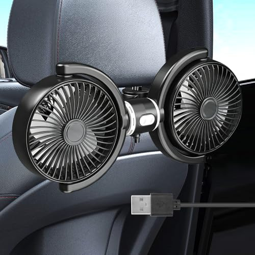 KQWVZ Dual Head USB Car Fan, 5V 2A Car Fan for Backseat with 3 Speed, Double-Head Car Cooling Fan, 360 Rotatable USB Car Seat Fan For Rear Seats, Trucks, Rvs And Campers(150cm Cable)