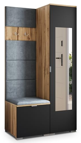 Masseno Flugarderoben Set VIRA, Kleiderschrank-Set mit Spiegel und Sitzbank, Garderobenschrank Flur mit 3 Regalböden, Eiche Wotan/Schwarz