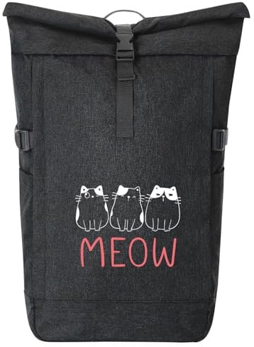 Huuraa Kurierrucksack Katzen Meow Comic Geschenk | 30-44 Liter Backpack Black Melange Fairtrade Rolltop Rucksack Geschenkidee Schwarzer Laptop-Rucksack passend für 17-Zoll