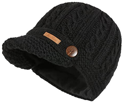 McRon Damen Gefütterte Wollmütze mit Schild Elisha Schwarz 9511