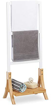 Relaxdays Portasciugamani da Terra per il Bagno, a 3 Bracci, con Ripiano Portaoggetti, 104x41x28,5 cm, Naturale Bianco