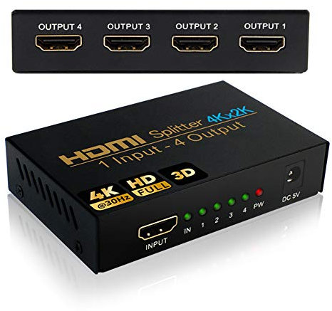 NIERBO Splitter HDMI 4 Salidas - Duplicador Compatible Con 4K 3D 1080p - 1 Entrada x 4 Salidas Distribuidor Para PS4 PS3 Xbox y Más Dispositivos