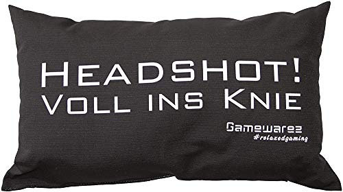 GAMEWAREZ Kissen Headshot! Voll ins Knie für Wohn- und Schlafzimmer, Reisekissen, Made in Germany. Grau meliert mit angesagtem Gaming-Spruch