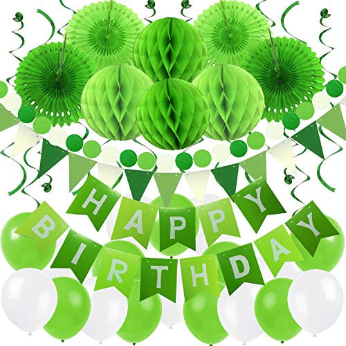 ZERODECO Birthday Party Decoration, Happy Birthday Banner with Paper Fans, Honeycomb Balls, Triangular Pennants, Circle Paper Garland, Hanging Swirls and Balloons - Green, Light Green and White