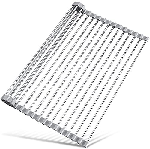 Tomorotec 17.7 x 15.5 Roll Up Dish Drying Rack Over Sink Drying Rack Sink Cover Kitchen Sink Accessories Gadget Multipurpose Organizer Foldable Stainless Steel Drainer (Grey)