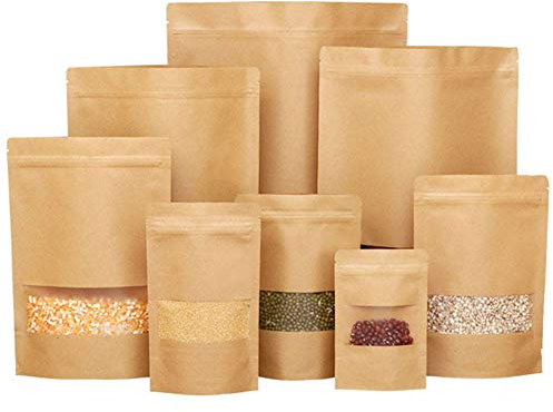50 Sacs kraft avec Fenêtre Sac Debout En Papier à Fermeture éclair Grande Pochette De Rangement Alimentaire Refermable 9x14cm