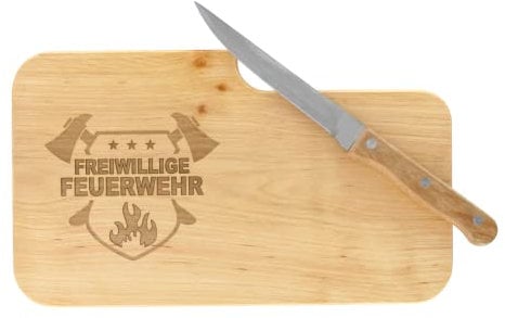 LASERHELD | Brotzeitbrett Holz mit Gravur “Freiwillige Feuerwehr” & Messer | 26 x 15 cm | Frühstücksbrettchen Holz Schneidebrett Jausenbrett | Geschenk für Feuerwehrleute zum Vatertag Feuerwehr