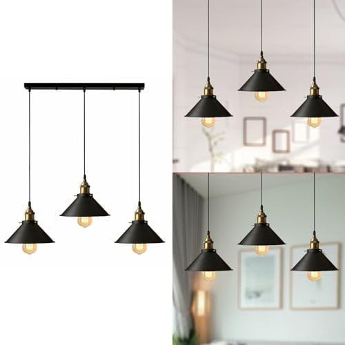 LEDSone Vintage 3 Head Pendant Light Fittings 22cm Cone Metal Shade Hanging Metal Ceiling Lights Fixture for Dining Room Living Room Restaurant Cafe (Black E27)
