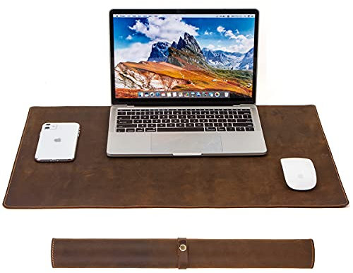 Schreibtischunterlage Mauspad 90 x 45cm Groß Laptop Tischunterlage Echtleder Multifunktionales Office Mousepad für Büro und Zuhause L Braun
