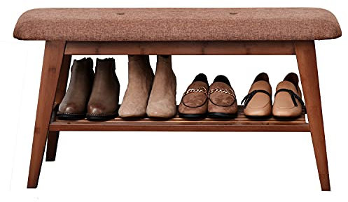 SOBIBO Shoe Bench Rack Shoe Organizer Simple Style Wood Entryway Bench Shoe Rack with 2 tire Storage for Entryway (Brown,90cm)