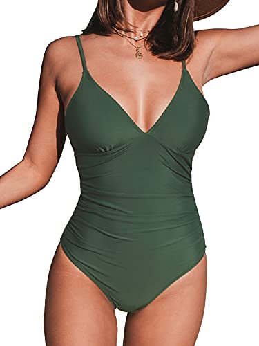 CUPSHE Damen Einteiler Badeanzug Triangel V Ausschnitt Monokini Bauchweg Raffungen Unifarben Bademode Swimsuit Grün L