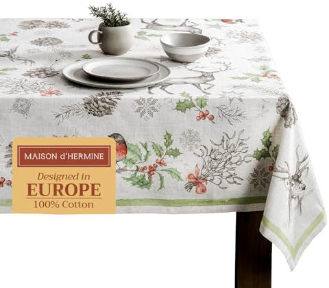 Maison d' Hermine Table Cloth Rectangle Table 100% Cotton 180 cm x 140 cm Tablecloth Reusable Decorative Everyday Use for Dining Room, Farmhouse, Home Party, Festive, Wedding - Christmas Dew