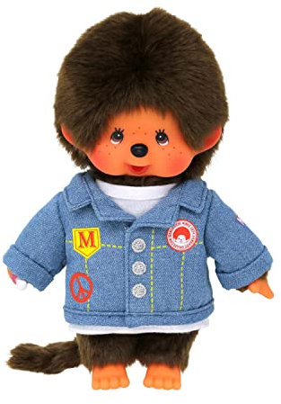 Bandai - Monchhichi - Plüschtier Monchhichi Jeansjacke - Ikonisches Affenkuscheltier der 80er Jahre, Superweiches Kuscheltier 20 cm für Kinder - Spielzeug für Kinder ab 2 Jahren - SE23396