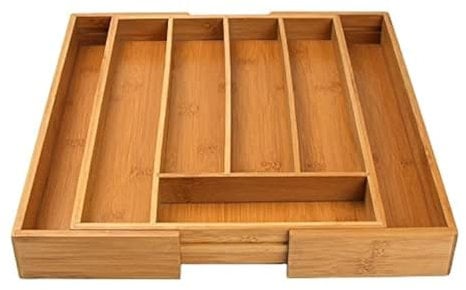 electromax Wooden Bamboo Cutlery Tray,Silverware Organizer, Large Drawer Organizer, Kitchen Drawer Insert, 5-7 Compartments, Adjustable, Natural Brown, Grooved Drawer Dividers,