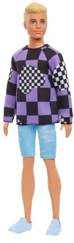 Barbie Fashionista-Puppe, Ken-Puppe mit blonden Haaren, Jeans-Shorts, Karierter Pullover, weiße Schuhe, inkl. Ken, Geschenk für Kinder, Spielzeug ab 3 Jahre,HBV25