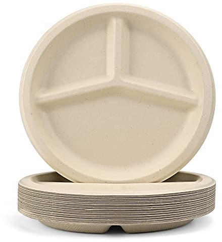 Aimisin Runde Teller mit 3 Fächern, biologisch abbaubar, natürliche Zuckerrohrfaser, Einwegteller, strapazierfähig, Hochzeit und den täglichen Gebrauch, 30 Stück