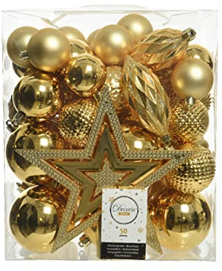 Kaemingk Weihnachtskugeln Kunststoff 5-8cm mit Christbaumspitze Stern 50er Set bruchsicher Gold Hellgold