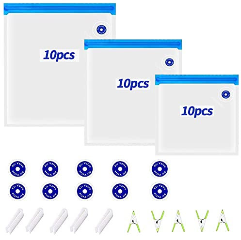 Kiwinvou 30 PCS Reusable Vacuum Sealer Sous Vide Bags for Food with 5 Cooking Clips, 5 Sealing Clips, 3 Sizes Vacuum Food Storage Bags with 10 Replacement Air Valves Suitable for Sous Vide Cooker