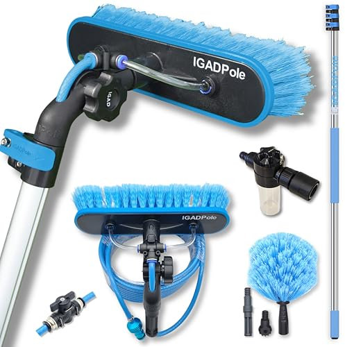 IGAD 5.4m Extendable Window Cleaning Pole & Solar Panel Cleaner Kit – Telescopic Water-Fed Pole with 45cm & 30cm Brushes, Soap Dispenser & 10m Hose – Long Reach Window Washing Equipment