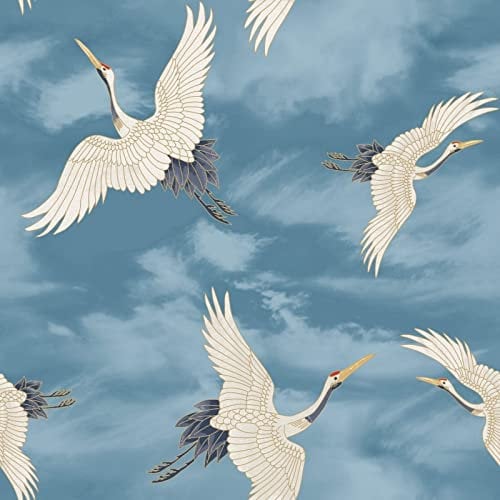 SOPHIE LAURENCE Oriental Japanese Birds Cranes Feature Wallpaper - Thick Heavy Duty Soild Paste The Paper Wallpaper (Full Roll, Blue, White, Silver)