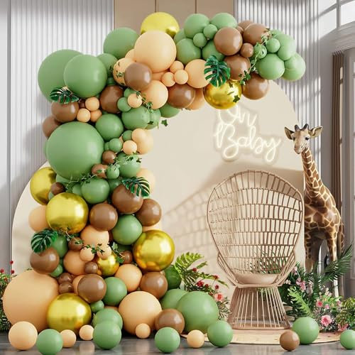 Luftballon Girlande Grün Braun, 148 Stück Dschungel Safari Woodland Ballons Girlande mit Beige Gold Ballons, Baby Shower Deko Gender Reveal Geburtstag Hochzeit Party Dekoration