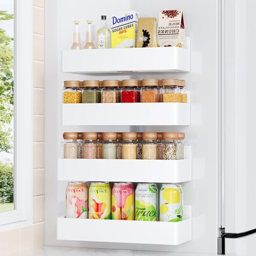 Mystozer Magnetic Spice Rack for Refrigerator, Kitchen Organizer and Storage Shelf, White (4 Pack)…