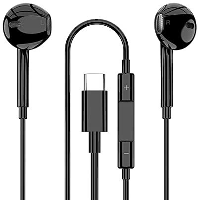 USB C Headphones In-Ear Wired Earphones USB Type C Wired Earbuds with Microphone Volume Control for Samsung A53 A33 S22 Ultra S21 & All USB C Devices (Black)