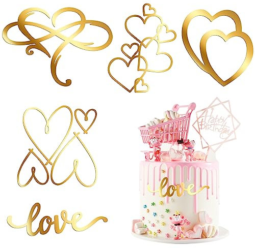 Tortendeko Gold,Acryl Glitter Cupcake Topper Herze Tortenaufsatz Herz Hochzeitstorten Topper für Hochzeitstorten und Partytorten Geburtstag Jahrestag