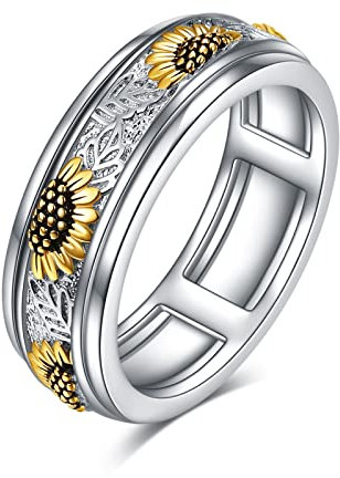 POPLYKE Sonnenblume Angst Spinner Ringe Sterling Silber Sonnenblume Drehbare Stimmungs Ringe Stress Abbauen Schmuck Geschenke für Frauen (10 Größe)
