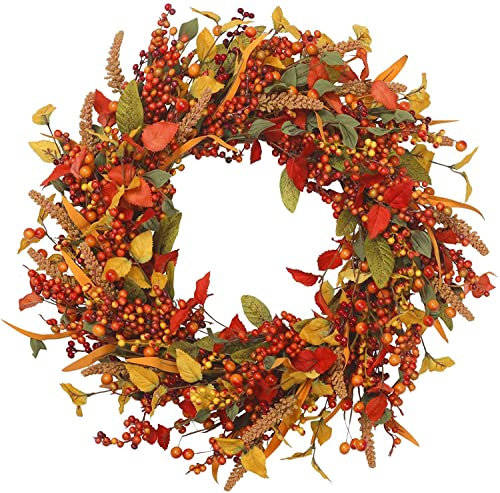 Autumn Wreath for Front Door, Autumn Door Wreath with Artificial Maple Leaves & Berries Autumn Decorations, Door Wreaths Outdoor All Year for Fall Harvest, Halloween, Thanksgiving Home Decor (40cm)