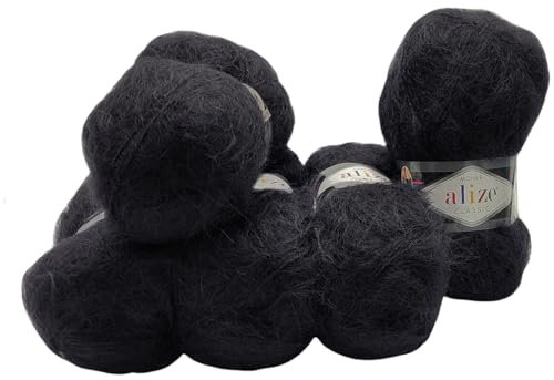 5 x 100 Gramm Ilkadim Export Mohair Classic Strickwolle, 500 Gramm Strickgarn einfarbig mit 25% Mohair Wolle (schwarz 60)