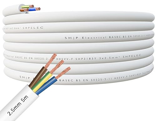 SHPELEC® FLEXIBLE White Cable 3183Y 0.75mm, 1.0mm, 1.5mm, 2.5mm BASEC Approved White PVC LED Lighting 5m 10m 15m 20m 50m (2.5mm 3 Core - 5 metres)