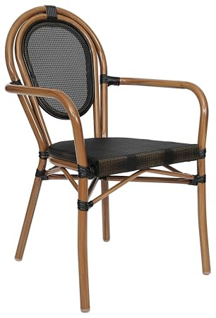 Flash Furniture Marseille Indoor/Outdoor Commercial Bistro Stack Chair - Curved Arms - Black Textilene Back and Seat - Natural Bamboo Print Metal Frame