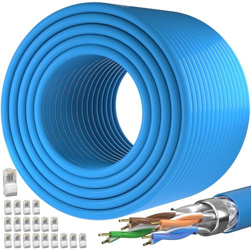 Cable Ethernet 120 Metros, Cable de Red 120m Exterior Impermeable Cat7 Blindado Cable Internet Recortable, SFTP PiMF Anti-interferencia Gigabit Alta Velocidad Cable LAN 120m, 20 libres RJ45 conectores