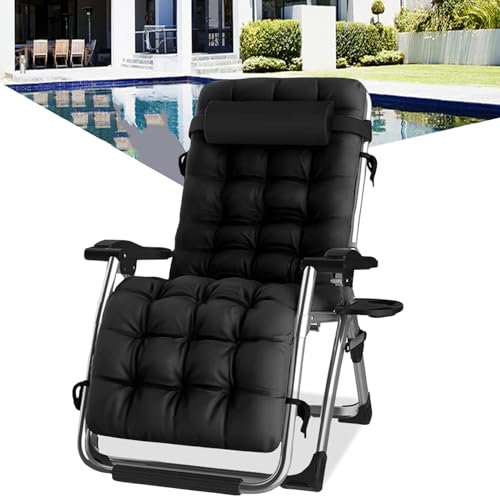 PMFRUG Tumbonas Gravedad Cero, Tumbona de Relax Silla de Jardín Plegable, para Playa, Piscina, Terraza,Camping.Carga Máxima 200kg (A-con Cojín Negro, Set de 1)