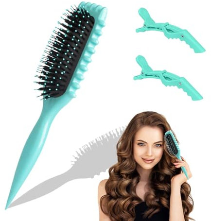 Hillylolly Bounce Curly Define Curling Brush, Bounce Curling Hair Brush, 2024 NEU Bounce Lockenbürste mit 2 Haarklammer Damen, Haarbürste zum Entwirren für Frauen, für Formen & Definieren