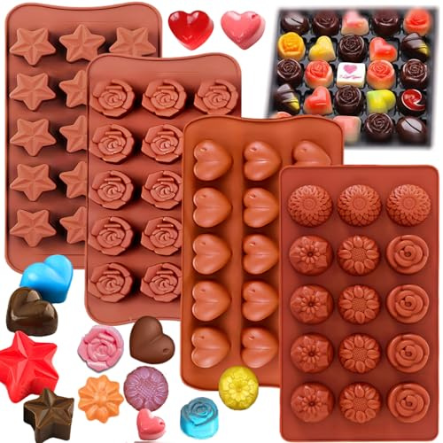 ENBRWAS Silicone Chocolate Moulds, 4 Trays, 60 Cavities, 1 Scraper.Heart, Flower and Five-Point Star Shapes for Sweets, Fondant, Jelly, Frozen Treats and Cake Decorations