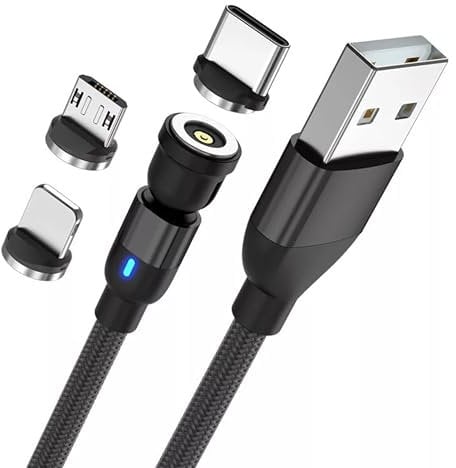 Nylon Magnetic Charging Cable, 360° Rotation USB Magnetic Phone Charger with Led Light, 3in1 Braided Multi Magnetic Charger for Micro USB/Type C/I- (2 Meter)