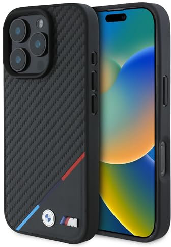 CG Mobile BMW HC M Handyhülle entworfen für iPhone 16 Pro, langlebig, stoßfest, kompatibel mit Magsafe, PU Carbon Tricolor Line Hülle Schwarz