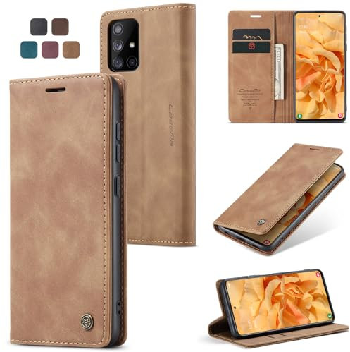 owlhold Handyhülle für Samsung Galaxy A51 Hülle, Premium Lederhülle Weiches Vintage-Nubukleder Faltbare Ständer Klapphülle Kartenfach Standfunktion stoßfest Schutzhülle für Samsung A51 -Braun