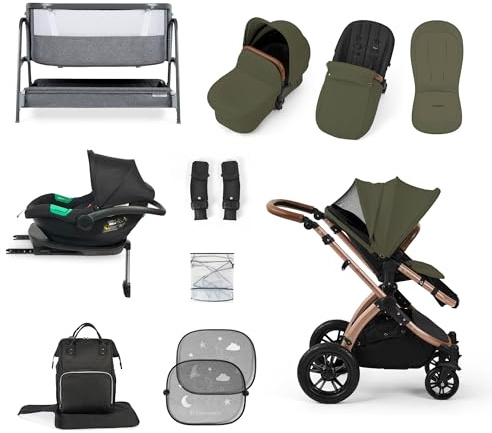 Get More for Less! Ickle Bubba Stomp Luxe 14-Piece Travel System Bundle with i-Size Cirrus Car Seat & ISOFIX Base, Bubba&Me Crib, Pushchair, Footwarmers, Rain Cover & More (Bronze/Woodland/Tan)
